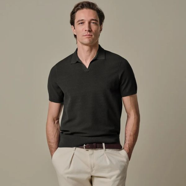Profuomo Luxury Open Collar Polo Donker Bruin