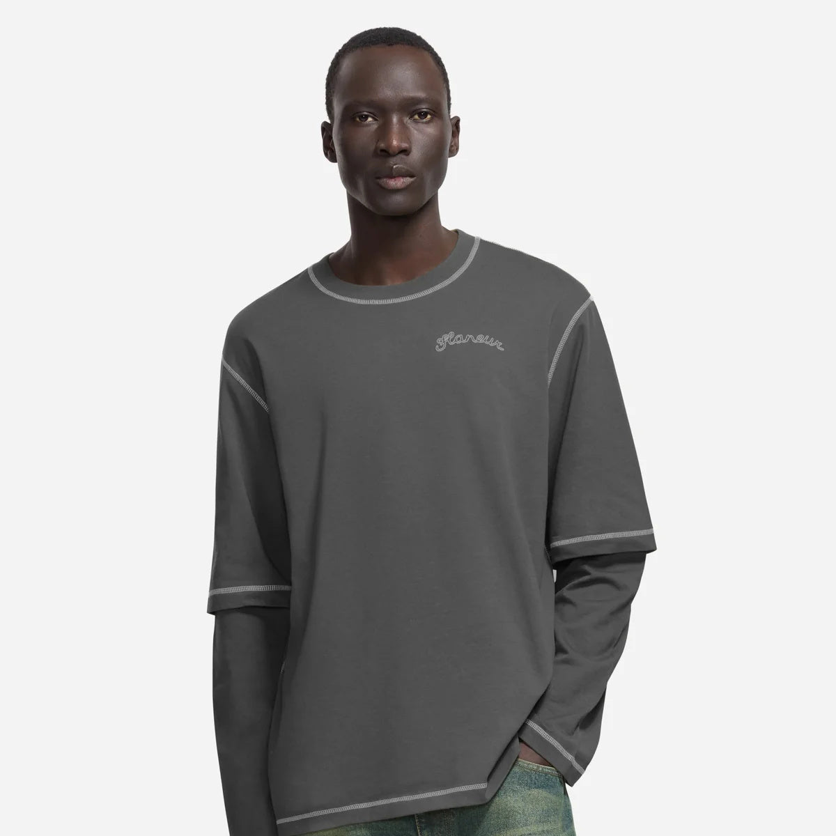 Flâneur Signature Outline Layered Longsleeve T-shirt Zwart