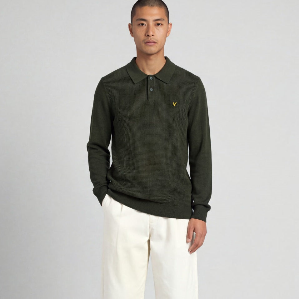 Lyle & Scott Panelled Waffle Knitted Longsleeve Polo Donker Groen