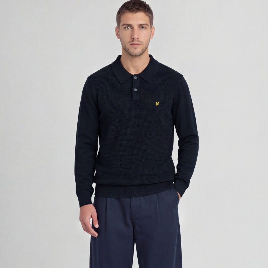 Lyle & Scott Panelled Waffle Knitted Longsleeve Polo Navy