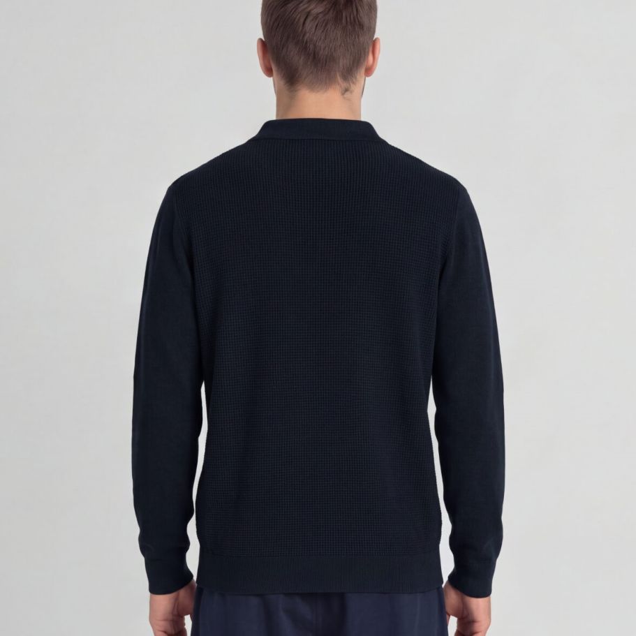 Lyle & Scott Panelled Waffle Knitted Longsleeve Polo Navy