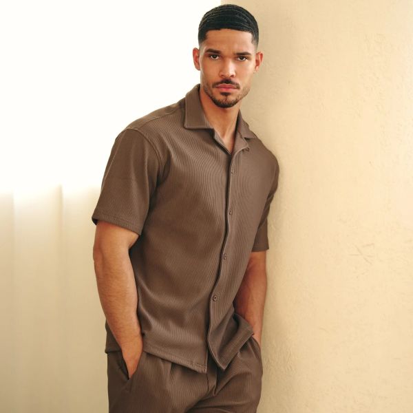 Malelions Ribbed Camp Collar Overhemd Bruin