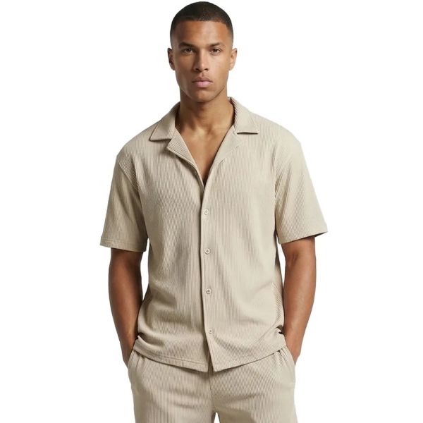 Malelions Ribbed Camp Collar Overhemd Beige