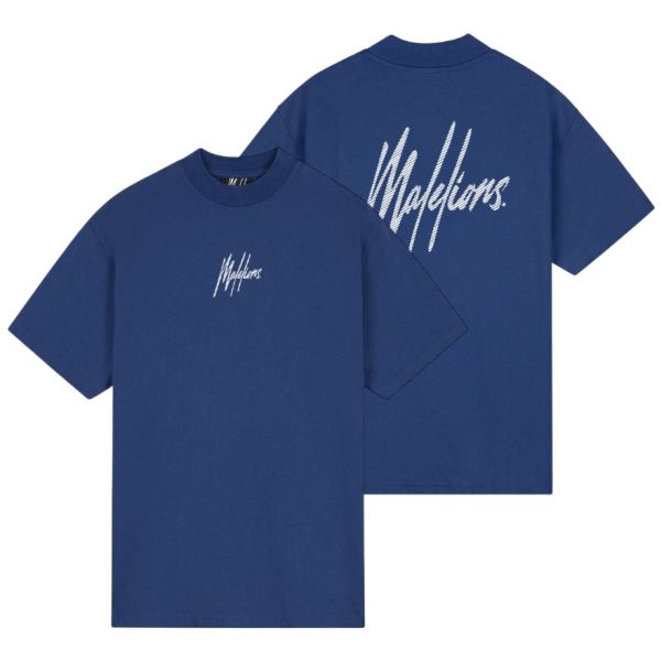 Malelions Oversized Striped Signature T-shirt Blauw
