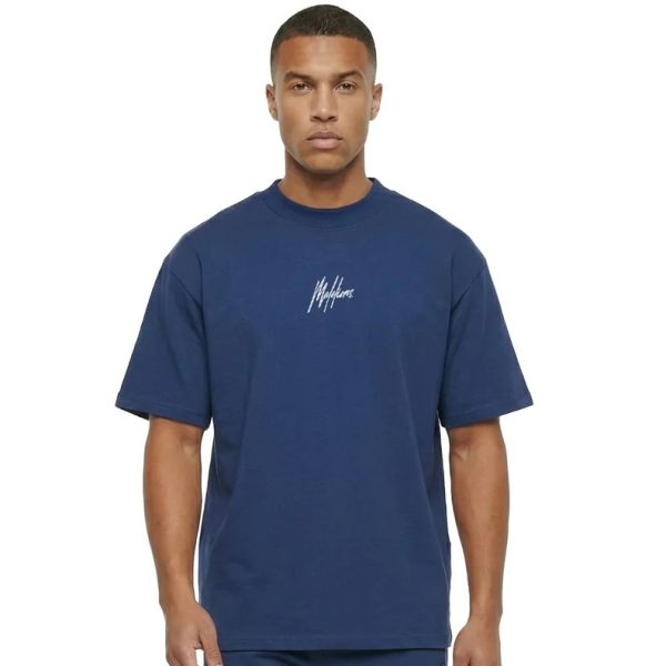 Malelions Oversized Striped Signature T-shirt Blauw