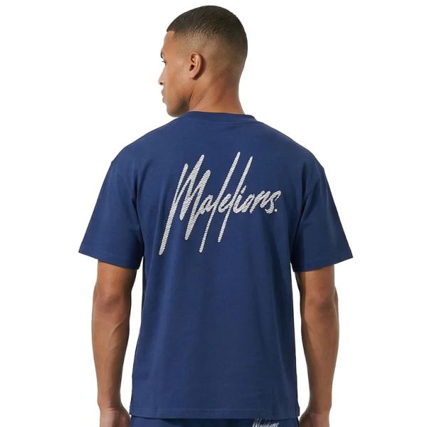 Malelions Oversized Striped Signature T-shirt Blauw