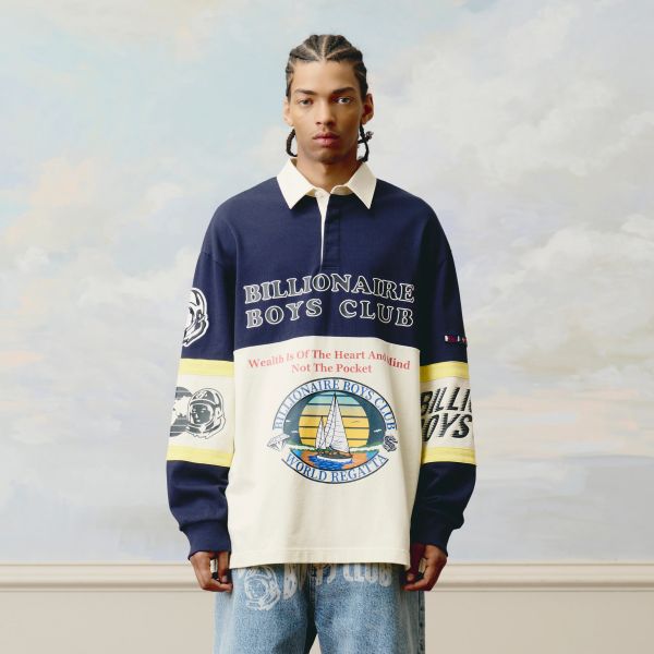 Billionaire Boys Club World Regatta Oversized Rugby Shirt Off White/Blauw