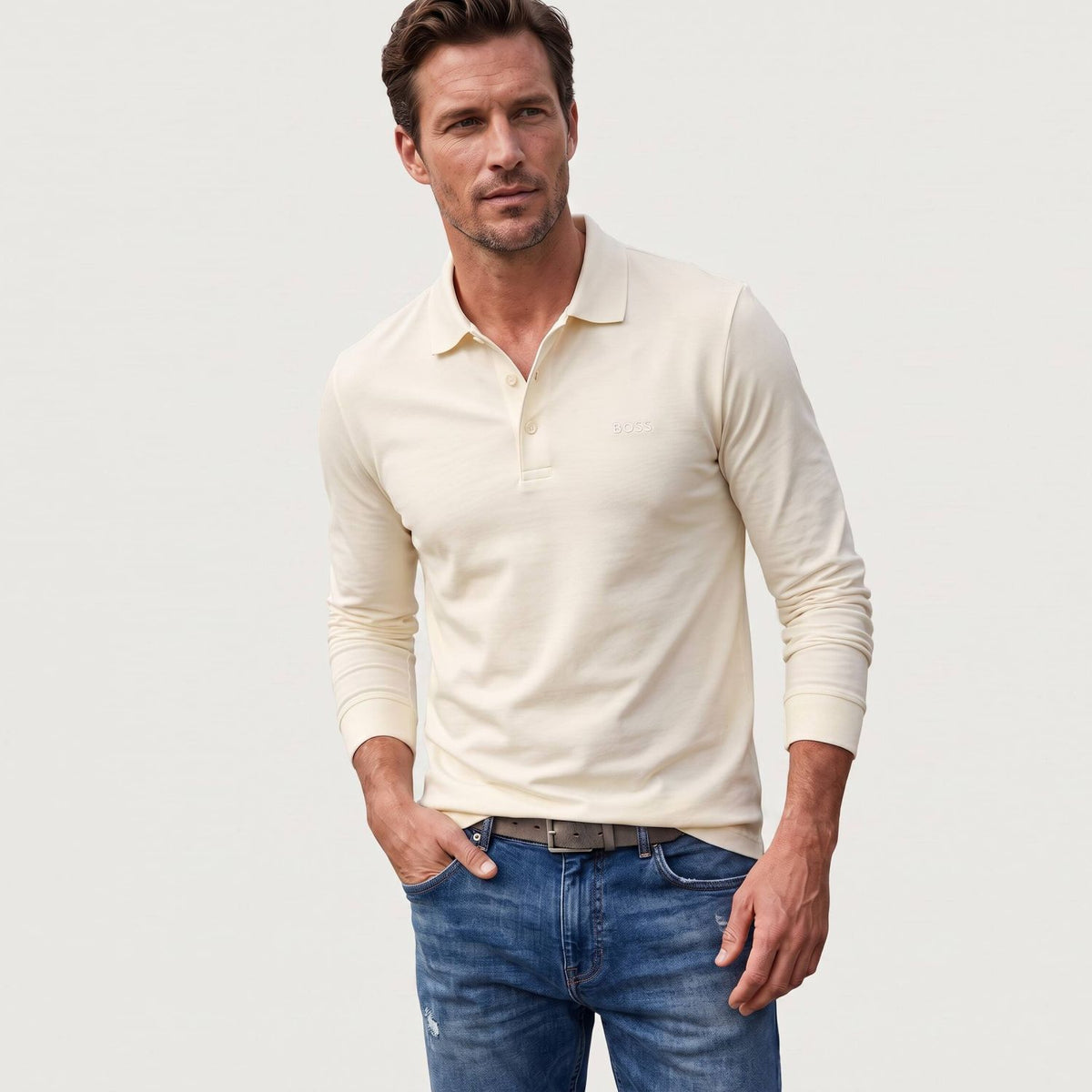 Boss Pado Langarm-Poloshirt Offwhite