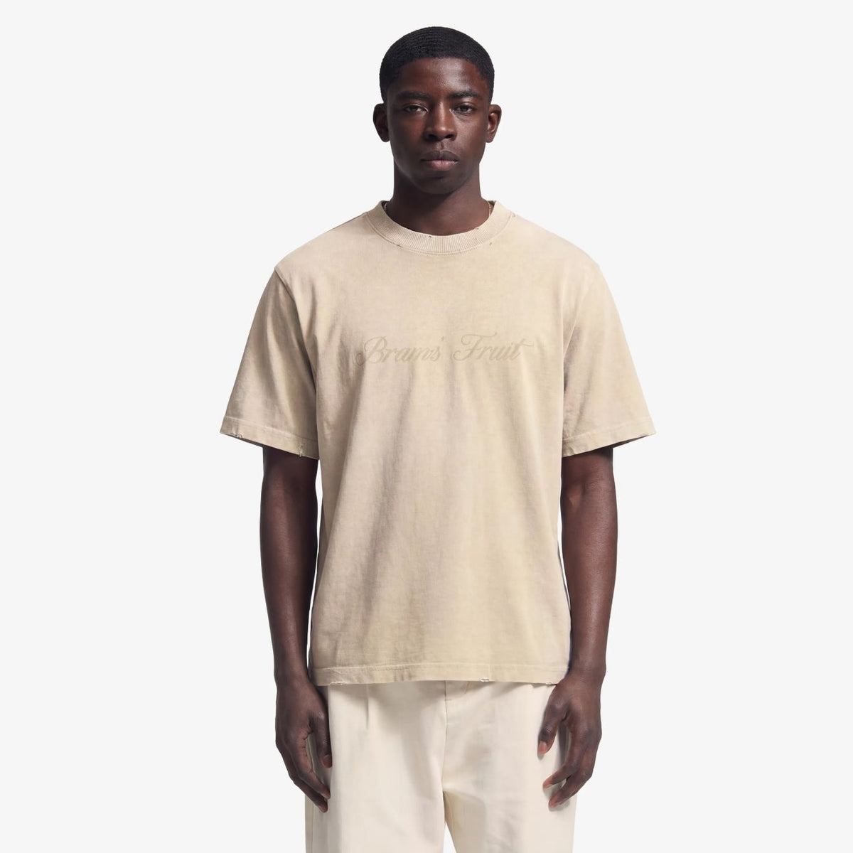 Bram’s Fruit Distressed Script Logo T-shirt Beige
