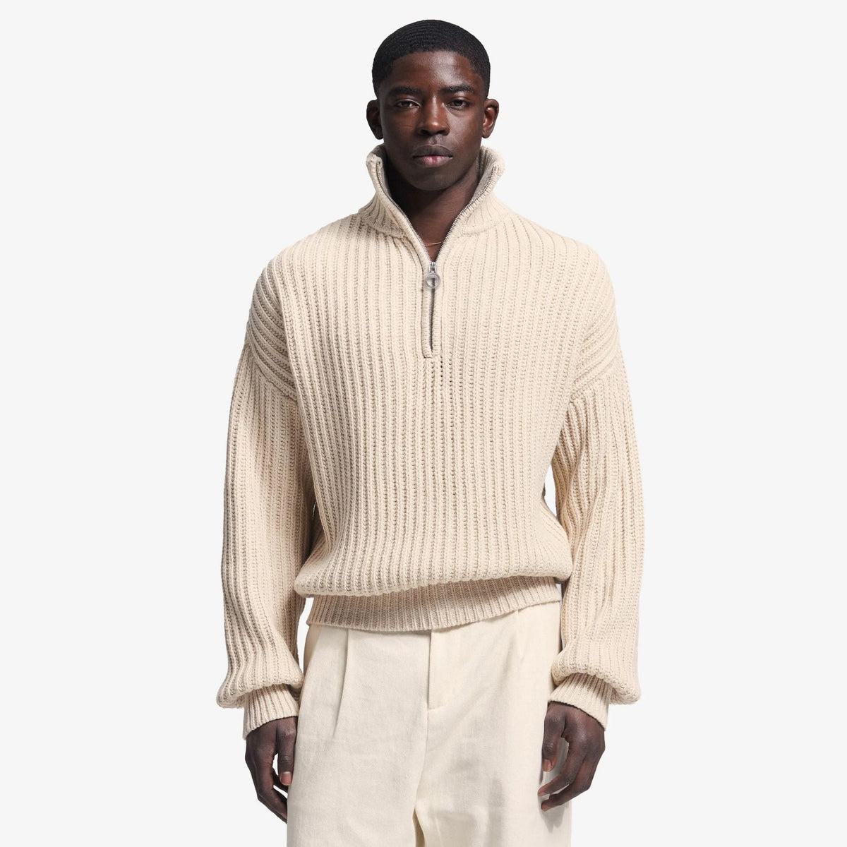 Bram’s Fruit Fisherman Knitted Quarter Zip Sweater Beige