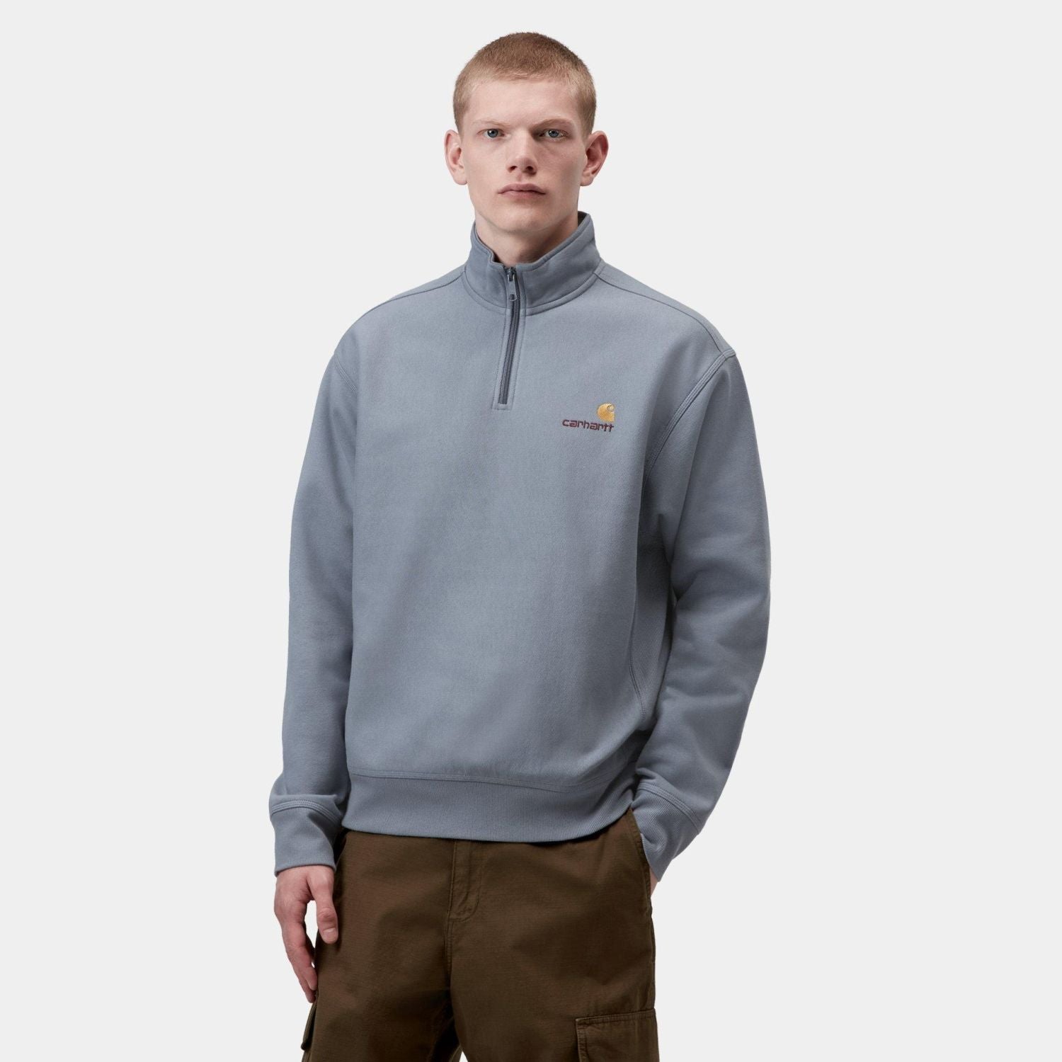 Carhartt WIP Half Zip American Script Sweater Blauw
