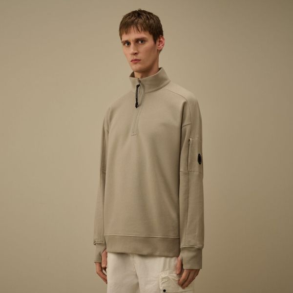 CP Company Diagonal Raised Fleece Lens Half Zip Sweater Beige