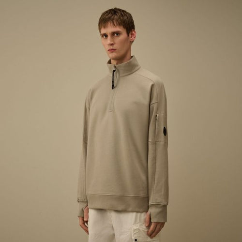 CP Company Diagonal Raised Fleece Lens Half Zip Sweater Beige