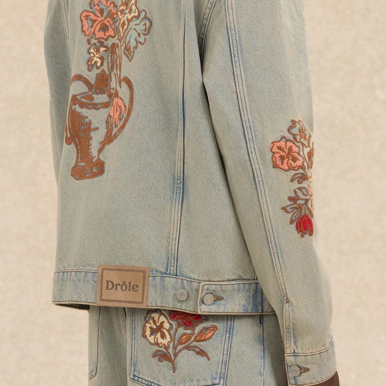 Drôle De Monsieur Dusty Brodée Fleurs Spijkerjas Blauw