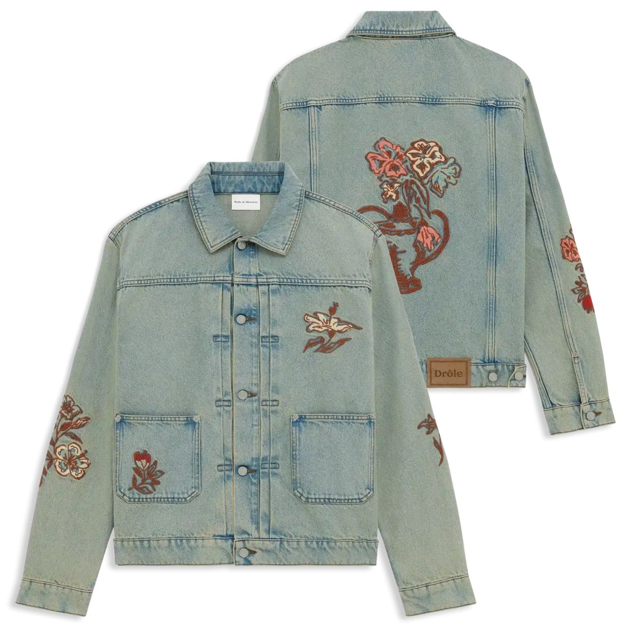 Drôle De Monsieur Dusty Brodée Fleurs Spijkerjas Blauw