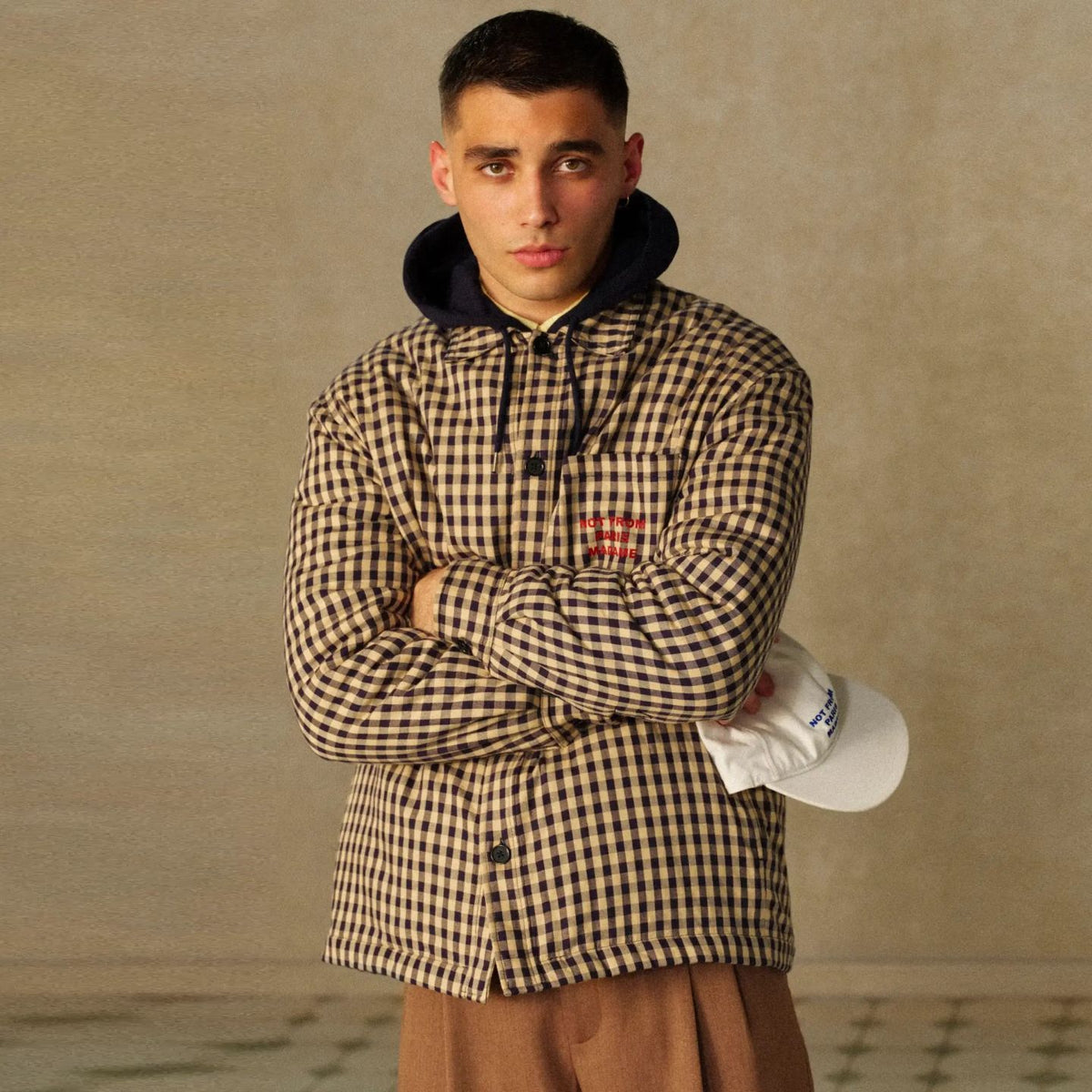 Drôle De Monsieur Checked Slogan Overshirt Beige/Navy