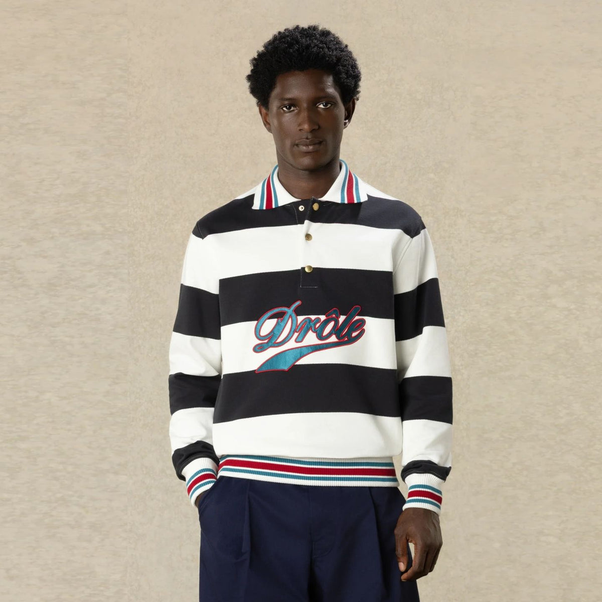 Drôle De Monsieur Drôle Embroidered Stripes Longsleeve Polo Off White/Navy