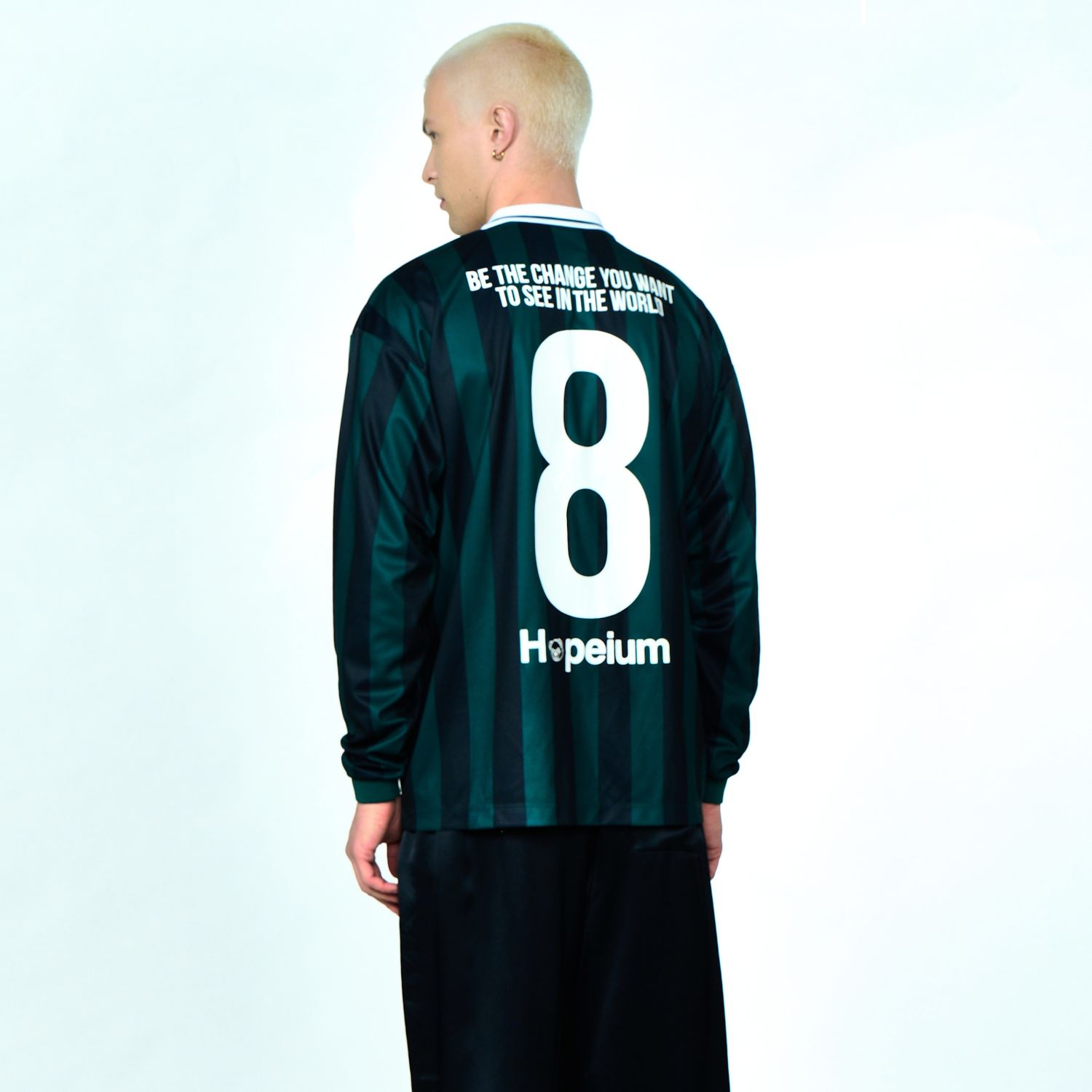 Hopeium Football Striped Longsleeve Polo Donker Groen/Navy