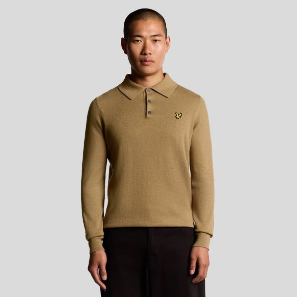 Lyle & Scott Cotton Merino Knitted Longsleeve Polo Bruin