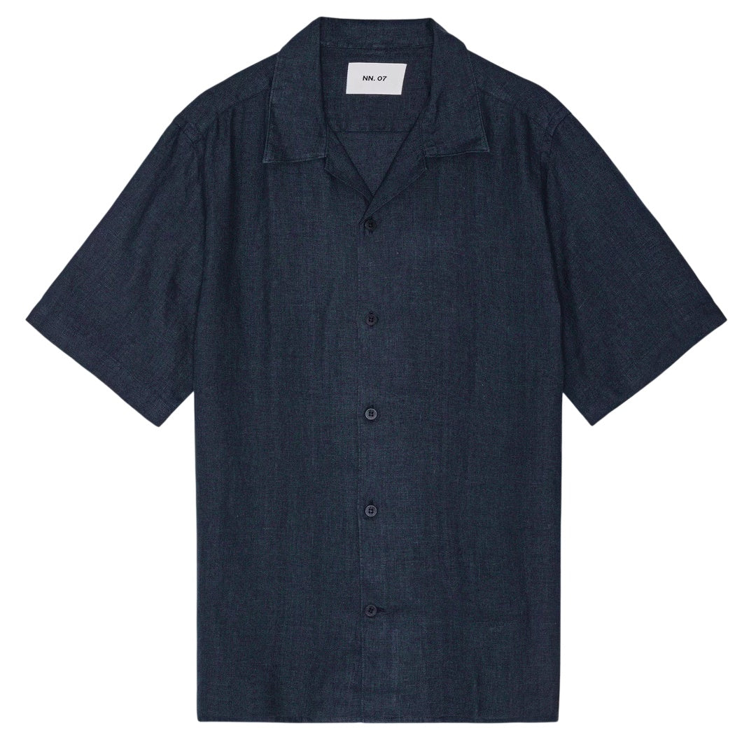 NN.07 Julio Open Collar Linen Overhemd Navy