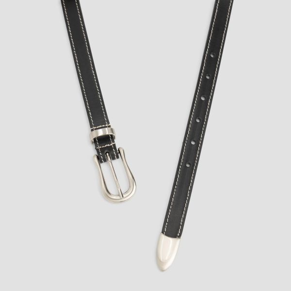 Olaf Contrast Stitch Leather Riem Zwart