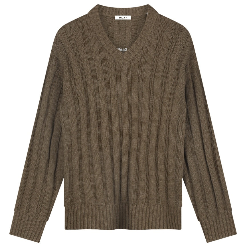 Olaf Ribbed Knitted V-Neck Sweater Bruin