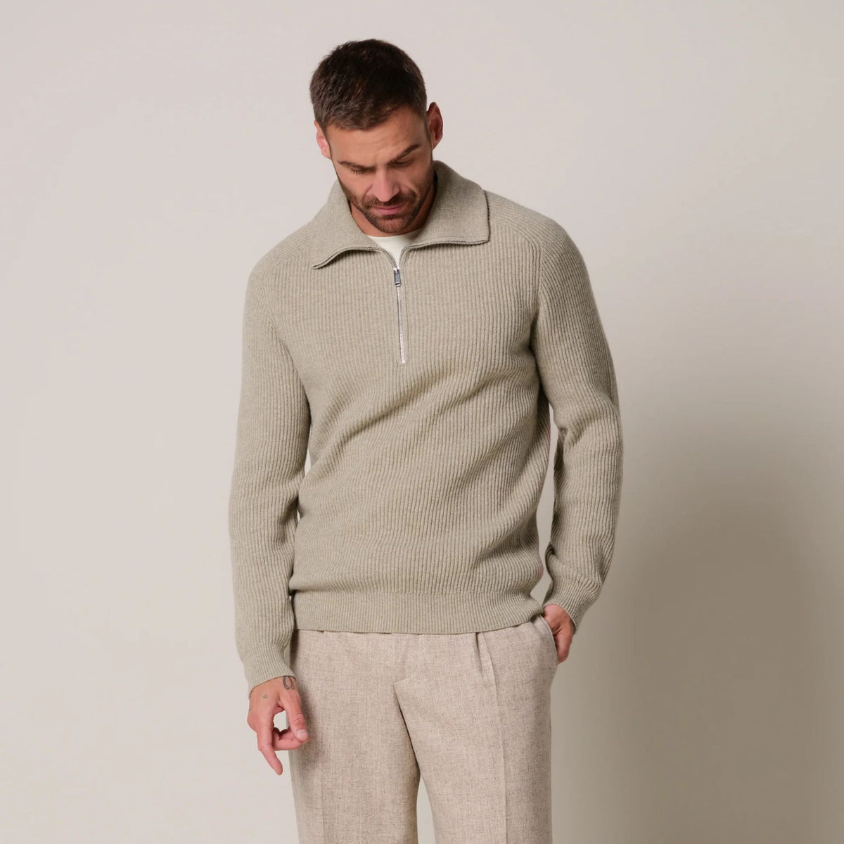 Profuomo Heavy Knitted Half Zip Sweater Beige
