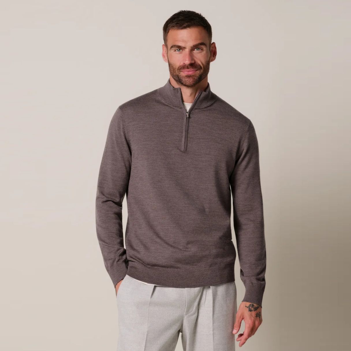 Profuomo Knitted Half Zip Sweater Bruin