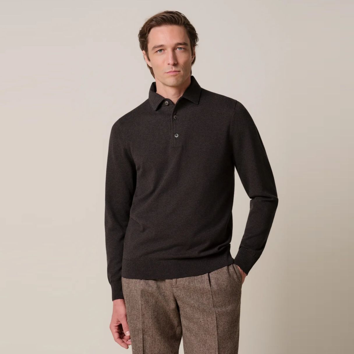 Profuomo Luxury Longsleeve Polo Donker Bruin