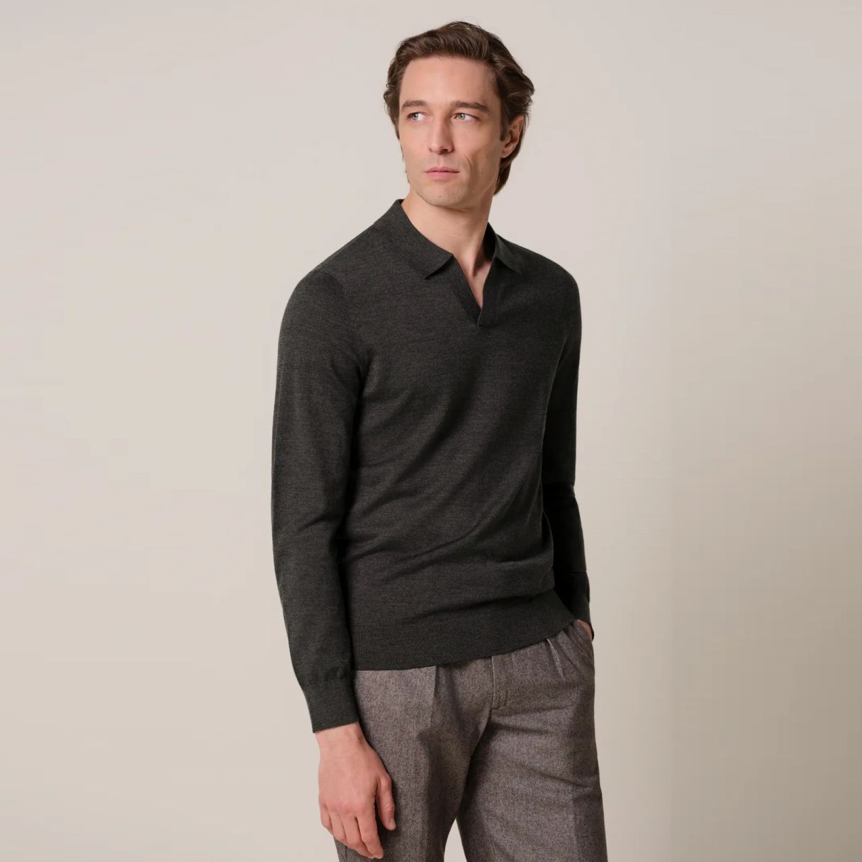 Profuomo Open Collar Longsleeve Polo Donker Bruin