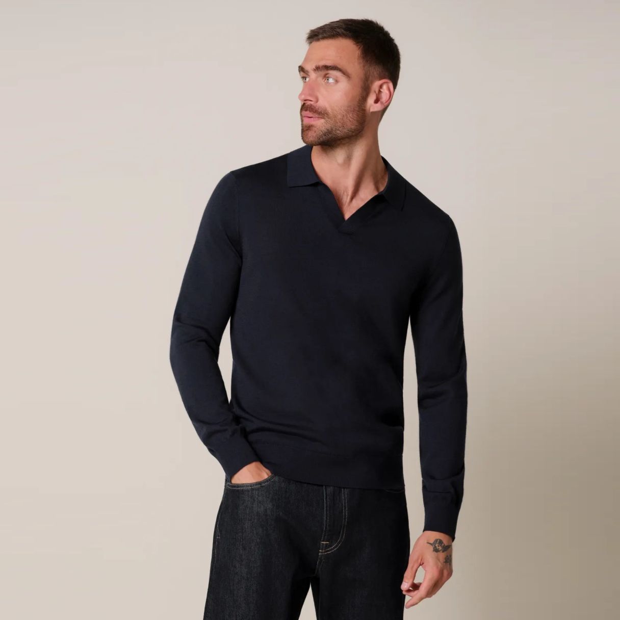 Profuomo Open Collar Longsleeve Polo Navy