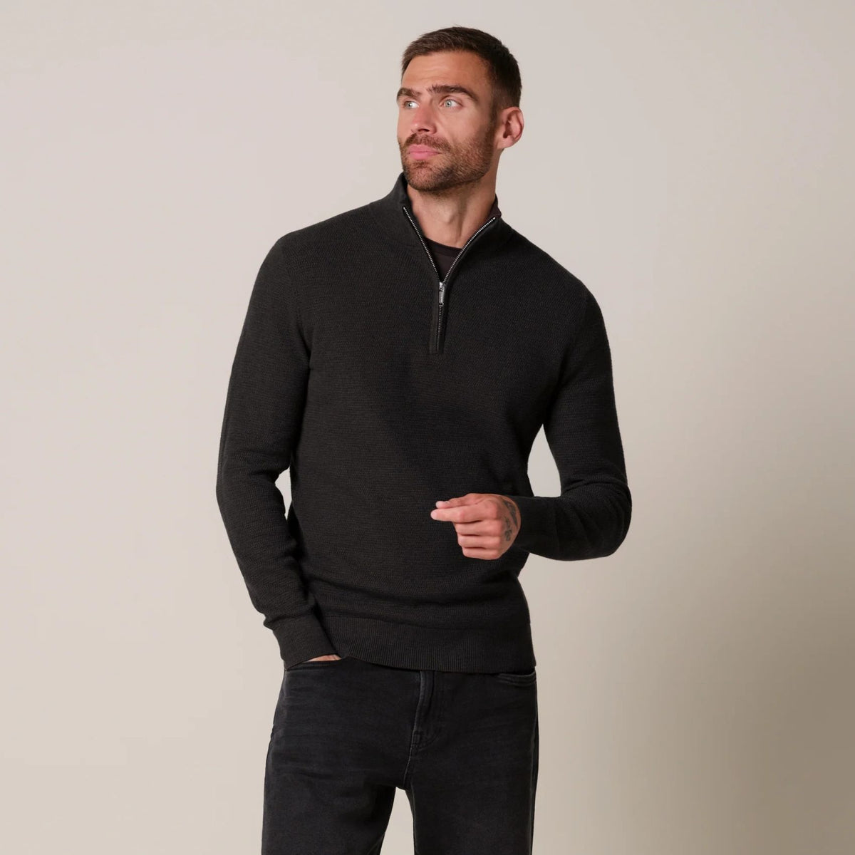 Profuomo Structured Half Zip Sweater Donker Bruin