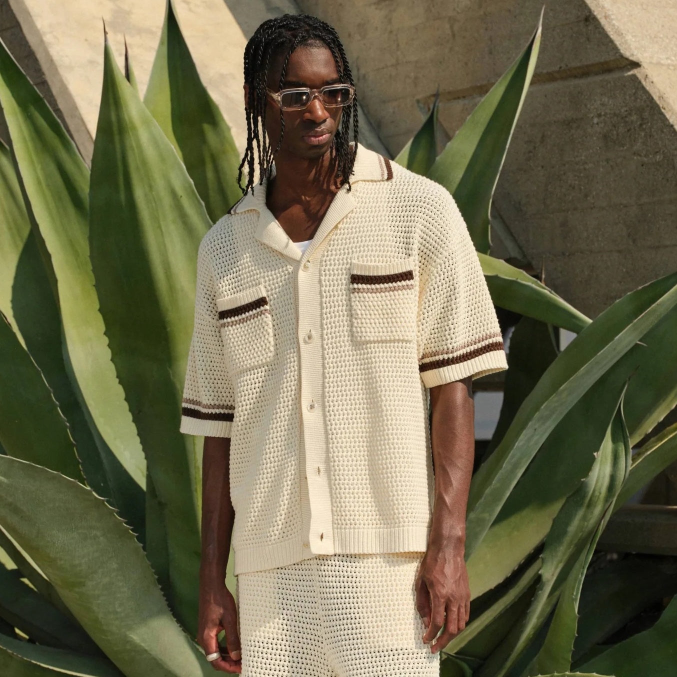 The Couture Club Crochet Knitted Stripe Overhemd Off White