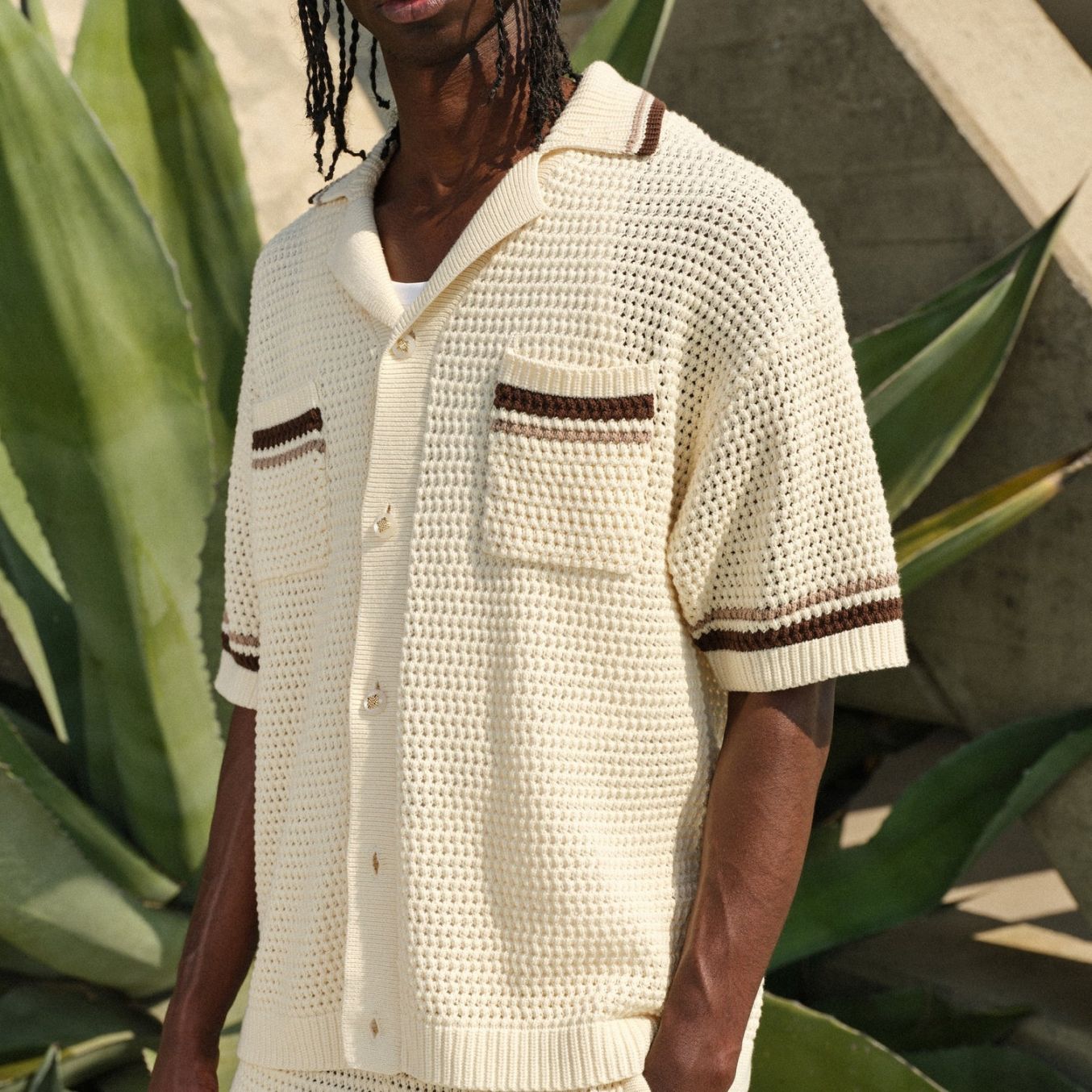 The Couture Club Crochet Knitted Stripe Overhemd Off White