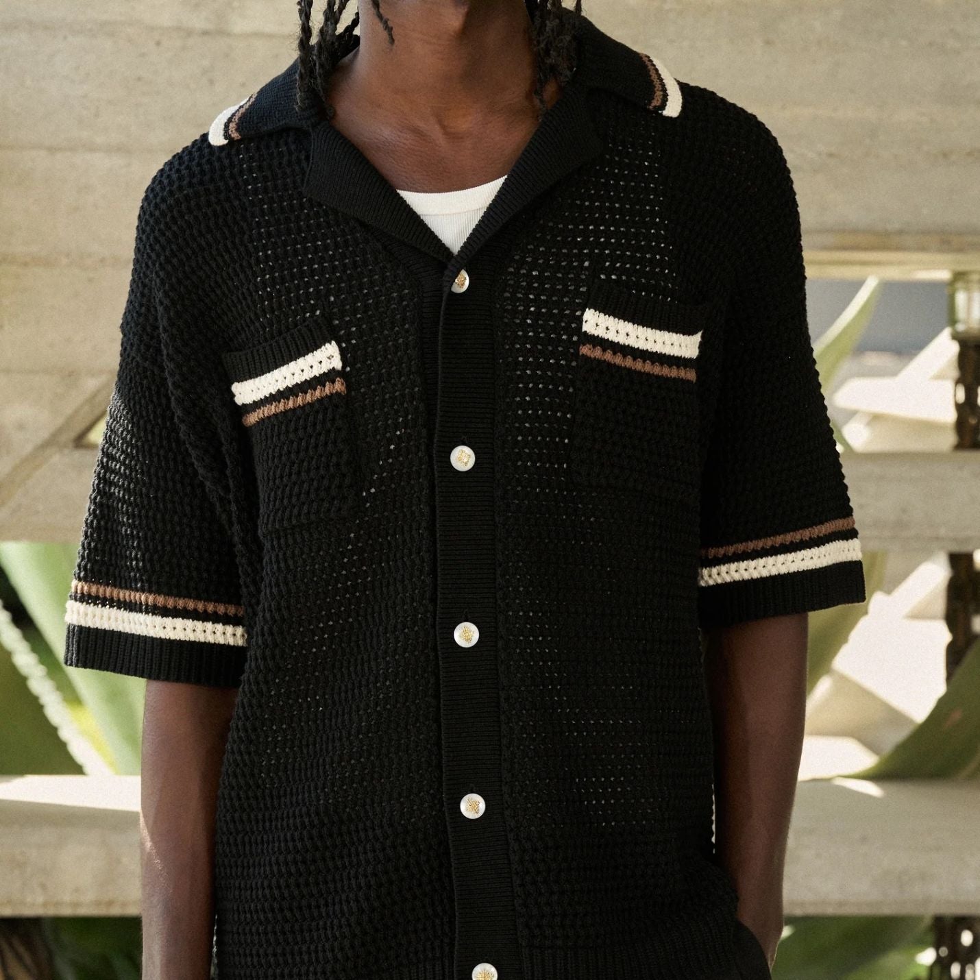 The Couture Club Crochet Knitted Stripe Overhemd Zwart