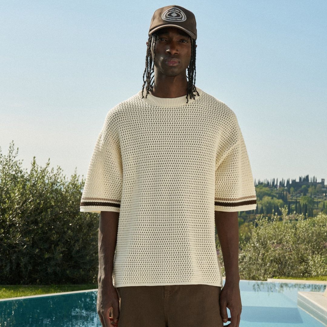 The Couture Club Crochet Knitted Stripe T-shirt Off White