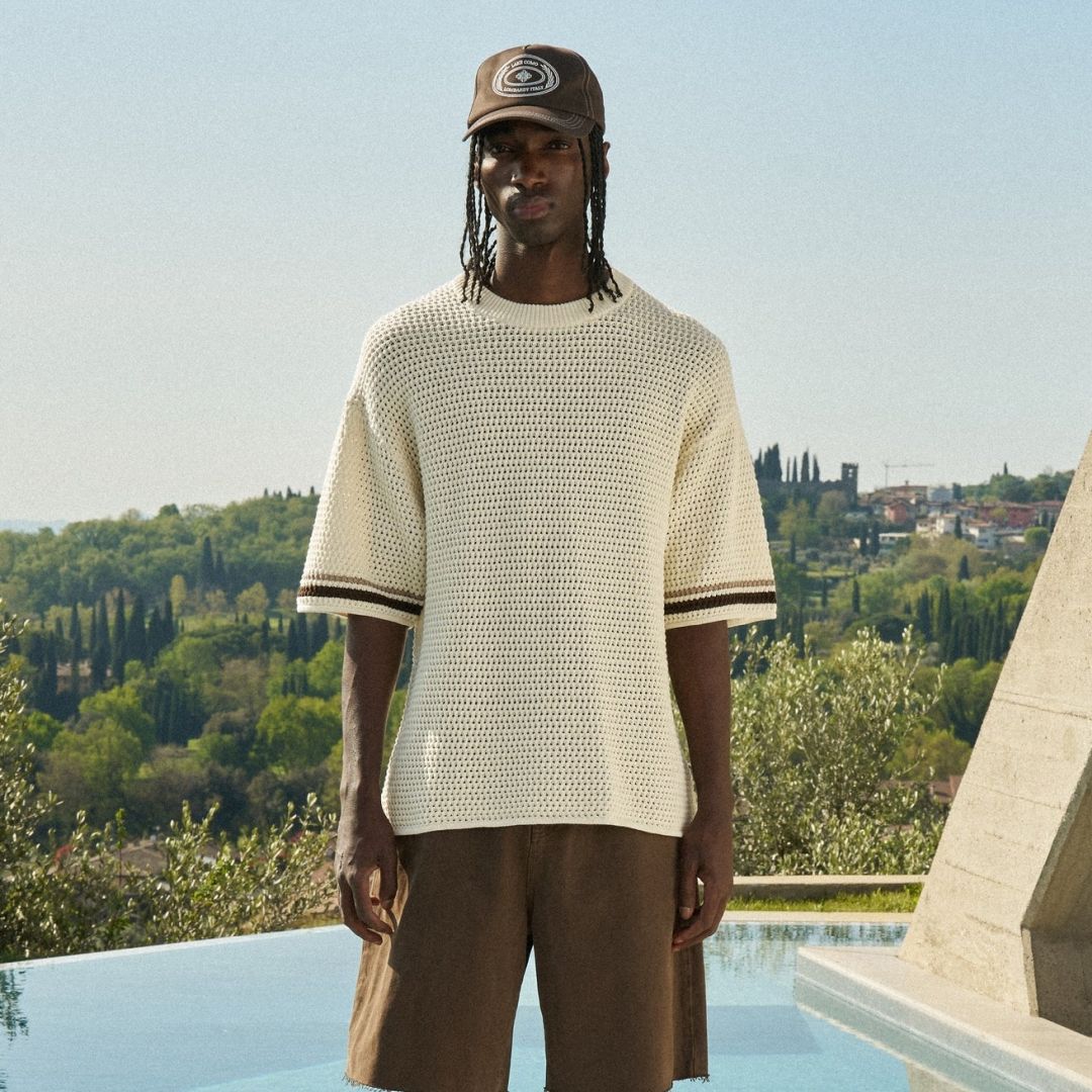 The Couture Club Crochet Knitted Stripe T-shirt Off White