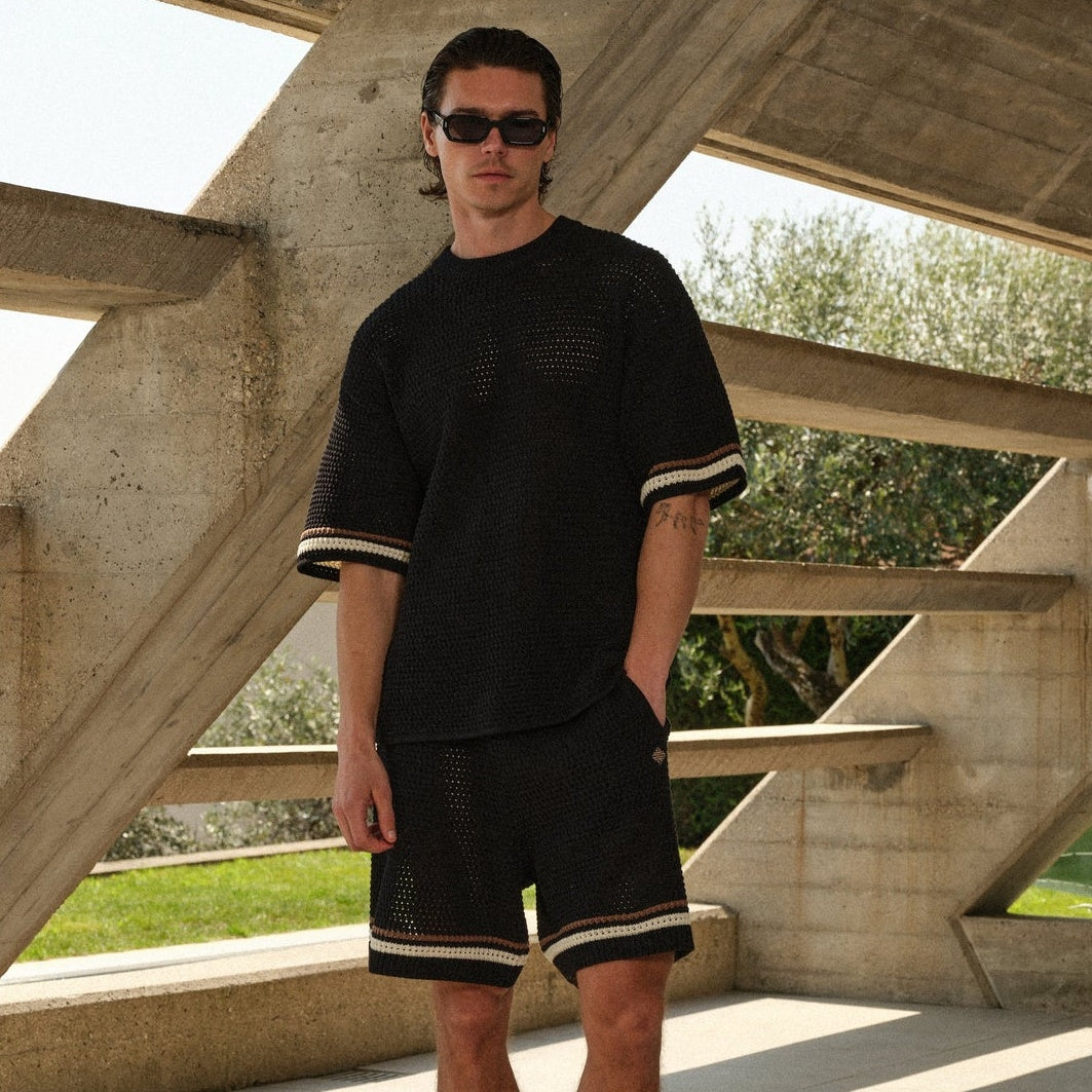 The Couture Club Crochet Knitted Stripe T-shirt Zwart