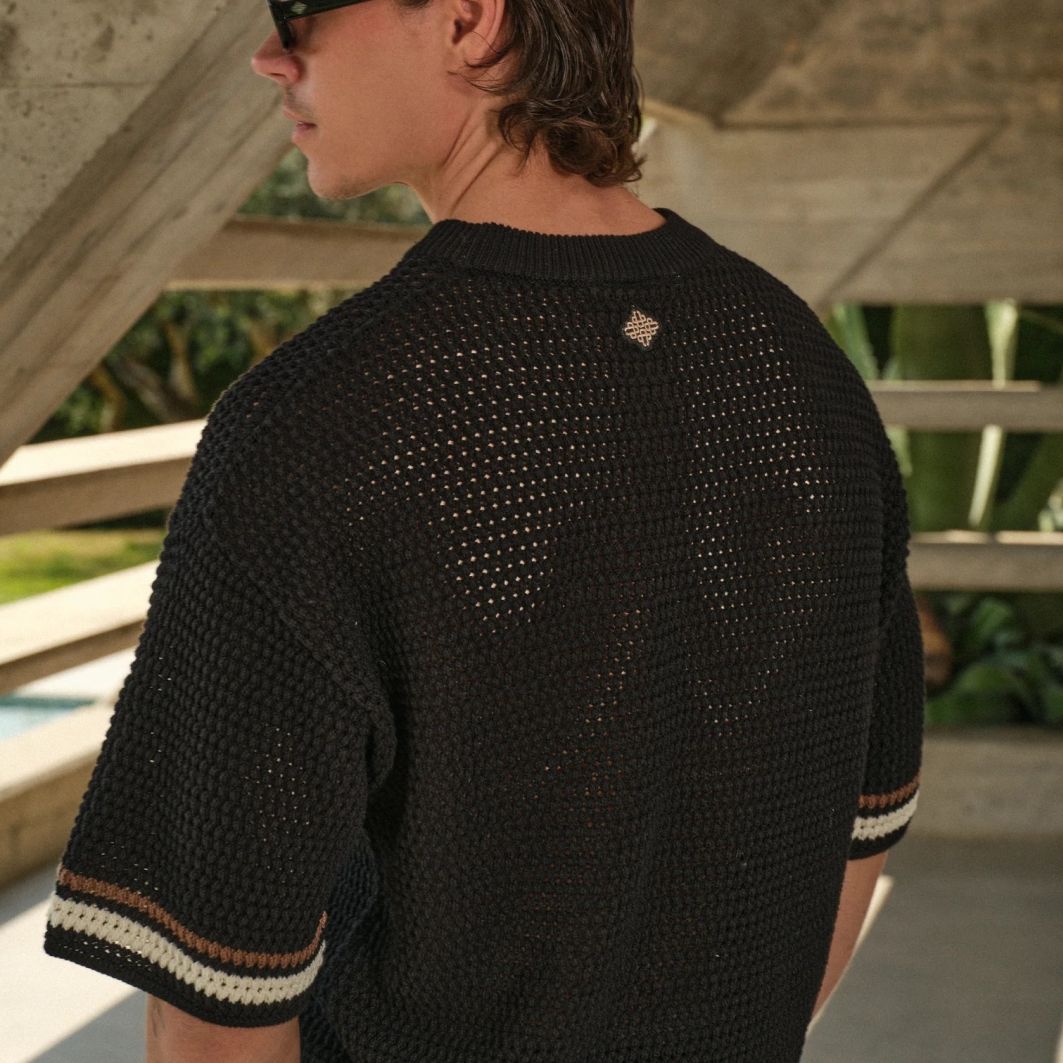 The Couture Club Crochet Knitted Stripe T-shirt Zwart