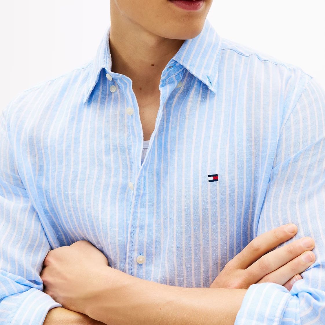 Tommy Hilfiger Linen Bengal Stripe Overhemd Licht Blauw