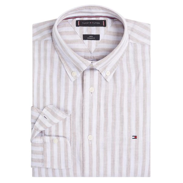 Tommy Hilfiger Linen Essential Stripe Overhemd Beige/Wit