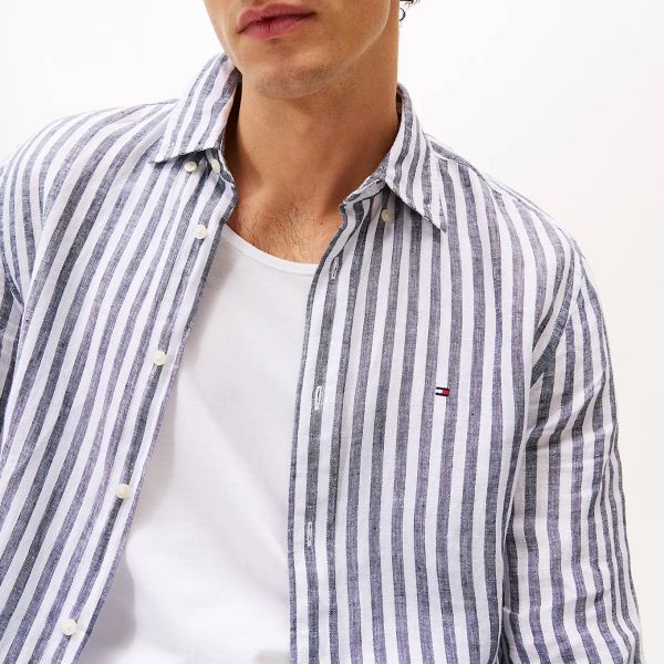 Tommy Hilfiger Linen Essential Stripe Overhemd Navy/Wit