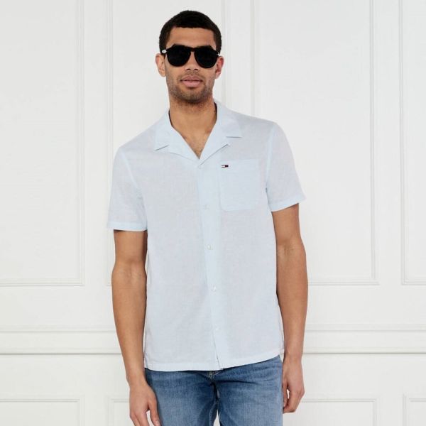 Tommy Jeans Linen Blend Camp Overhemd Licht Blauw