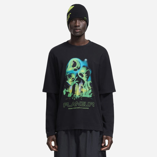 Flâneur City Aliens Layered Longsleeve T-shirt Zwart